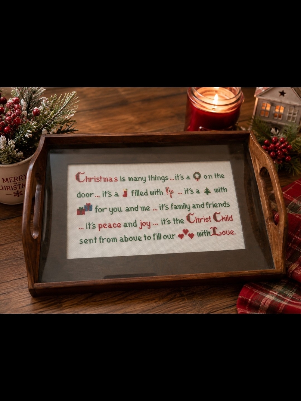 Vintage Wood & Glass Christmas Cross Stitch Tray Holiday Decor